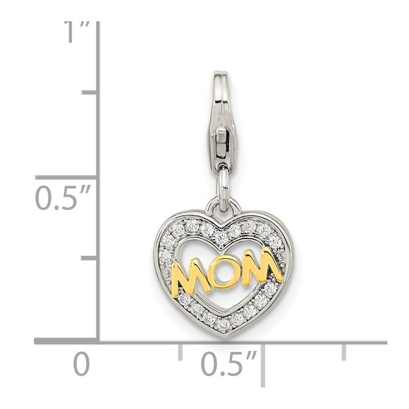 Sterling Silver Gold-plated Polished CZ MOM Heart Bracelet Charm Lobster Clasp - Picture 3 of 5